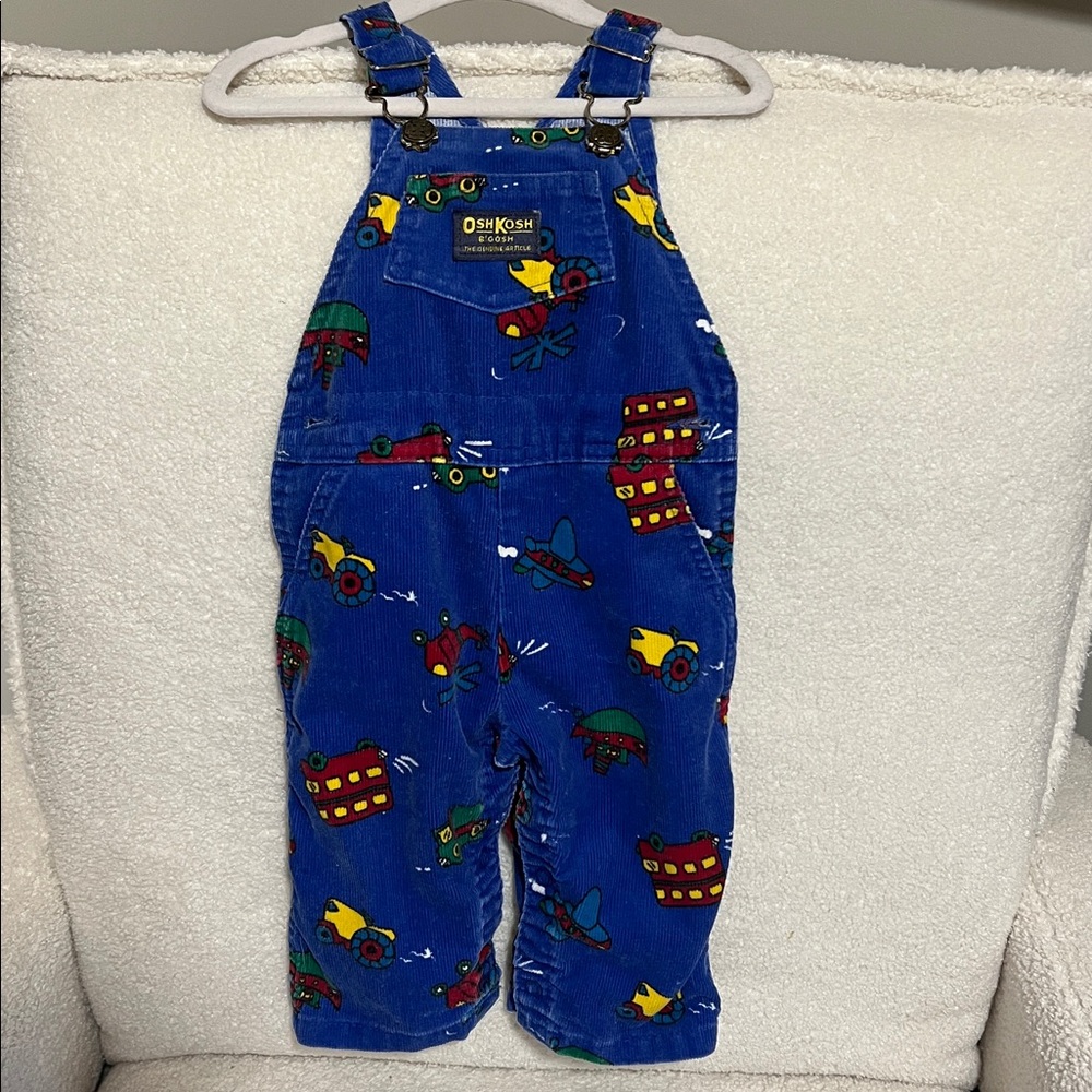 Vintage OshKosh B'Gosh Blue Vehicle Print Corduroy Vestbak Overalls 12M